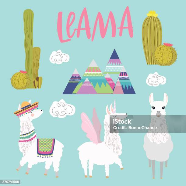 Set Of Cute Alpaca Characters With Cactus Stock Illustration - Download Image Now - Abstract, Alpaca, Animal