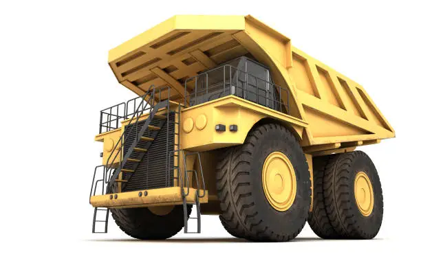 3d illustration. Empty mining dump truck tipper big heavy yellow car. Bottom view. Front side view. Direction from right to left