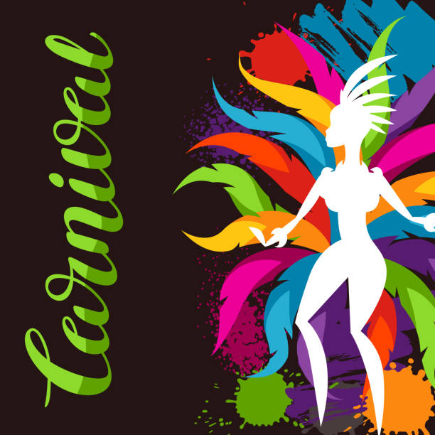 ilustrações, clipart, desenhos animados e ícones de fundo de festa de carnaval com samba dançarino e penas decorativas coloridas - escola de samba