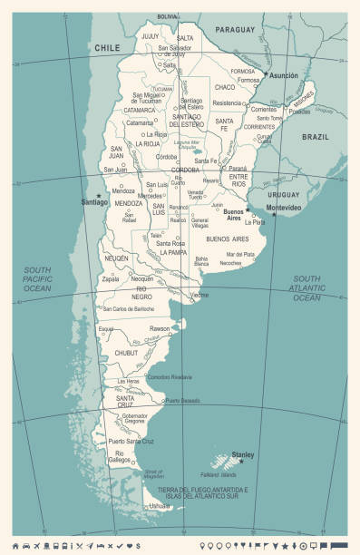 ilustraciones, imágenes clip art, dibujos animados e iconos de stock de mapa de argentina - vintage vector ilustración - mapa argentina