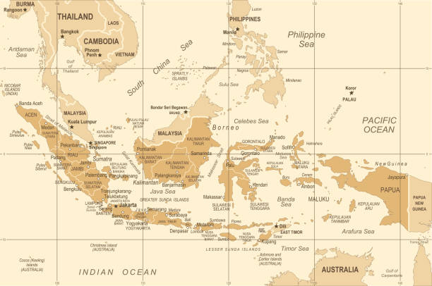 ilustraciones, imágenes clip art, dibujos animados e iconos de stock de mapa de indonesia - ilustración de vector vintage - indonesia