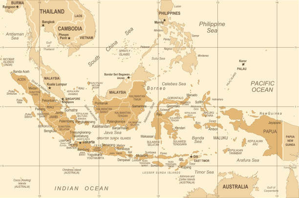 ilustrații de stoc cu indonezia harta - vintage vector illustration - indonezia