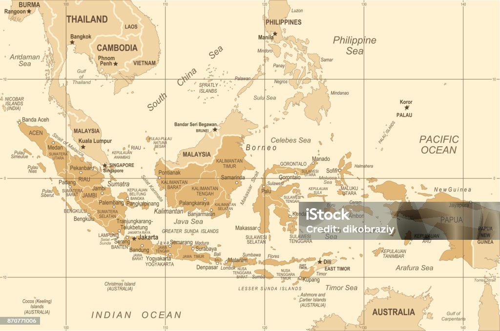Indonesia Map - Vintage Vector Illustration Indonesia Map - Vintage Detailed Vector Illustration Map stock vector