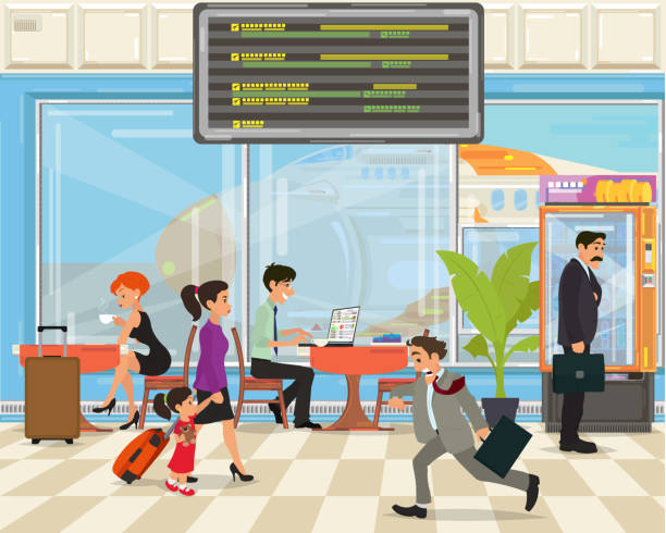 men, women and children in the terminal waiting for a flight the airport. men, women and children in the terminal waiting for a flight the airport. vector illustration billy bowlegs iii stock illustrations
