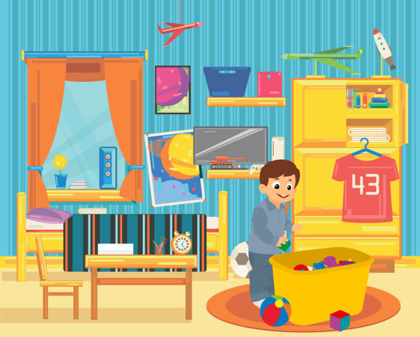 Boy takes away the toys in a box in the games room. Boy takes away the toys in a box in the games room. vector illustration organized bookshelf stock illustrations