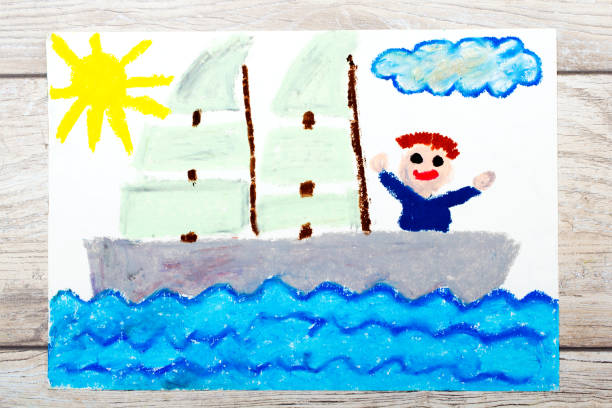 фото красочного рисунка: счастливый мальчик на яхте - child art childs drawing painted image стоковые фото и изображения