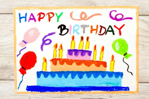 Photo of Photo of colorful drawing: Birthday cake