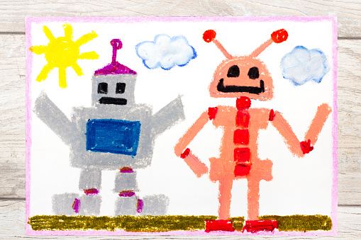 Photo of a colorfful drawing: Two different robots