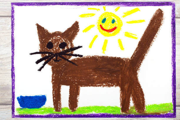 Photo of colorful drawing: brown cat Photo of colorful drawing: brown cat crayon drawing photos stock pictures, royalty-free photos & images