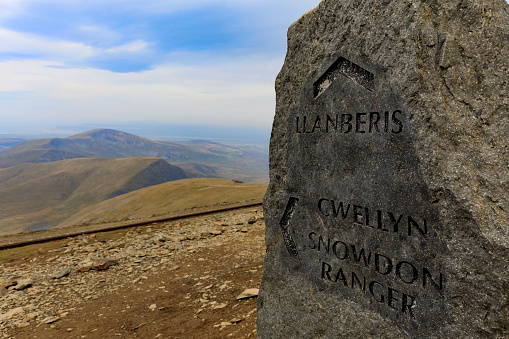 summit stone on Mount Snowdon in Snowdonia, Wales