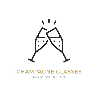 Vector champagne glasses icon. Celebration, holidays, toast concepts. Two champagne flutes. Premium quality graphic design. Outline symbol, sign, simple linear stroke thin line icon for websites, web design, etc.