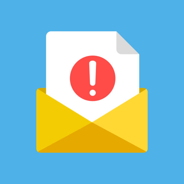 Envelope and document with exclamation mark, exclamation point. New e-mail received, email, spam, notification concepts. Modern graphic elements. Flat design vector icon Envelope and document with exclamation mark, exclamation point. New e-mail received, email, spam, notification concepts. Modern graphic elements. Flat design vector icon isolated on blue background open letter icon stock illustrations