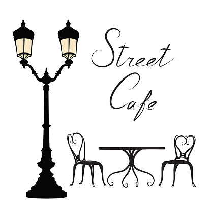 Street cafe - table, chairs, streetlight and lettering. City life design elements