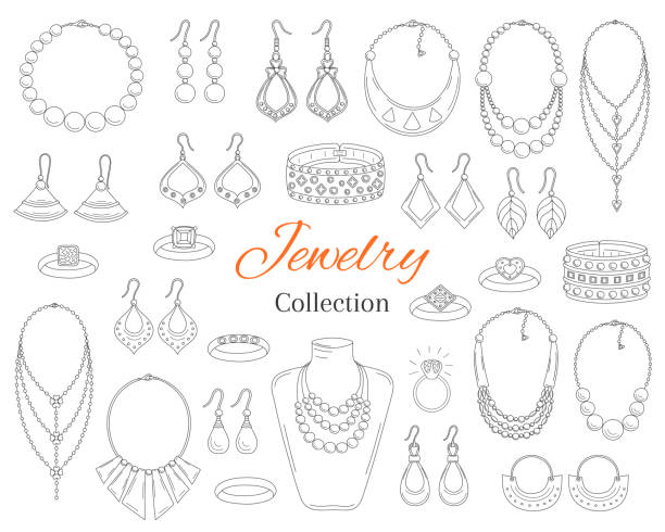 Fashionable jewelry collection, vector hand drawn doodle illustration Fashionable jewelry collection, vector hand drawn doodle illustration. Woman accessories bracelets, necklaces, earrings and rings, isolated on white background. ear piercing clip art stock illustrations