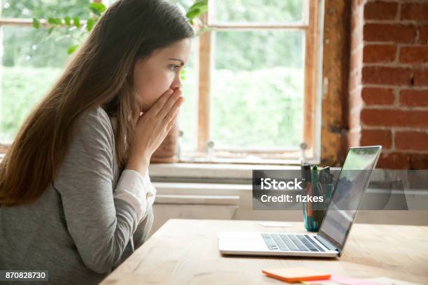 Shocked Young Woman Looking At Laptop Screen At Work Desk Stock Photo - Download Image Now