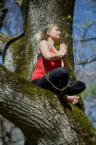istock Young woman doing yoga in a forest 870831580