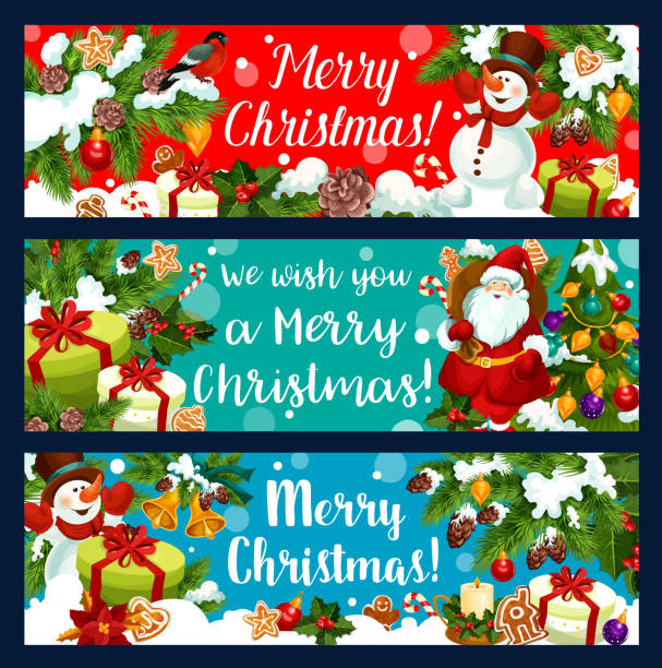 с рождеством санта праздник подарки вектор баннеры - bird christmas holly christmas stocking stock illustrations