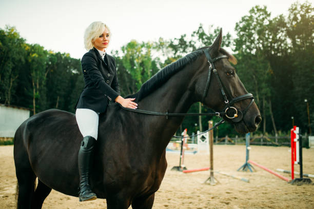 istock Equestrian sport, woman on horseback, side view 870832974