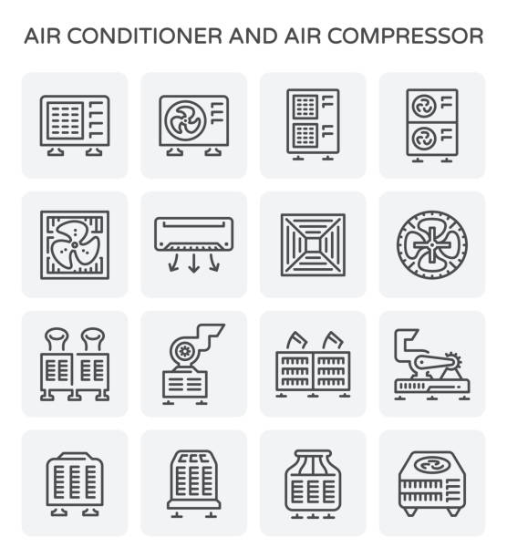 air conditioner icon Vector icon of air conditioner and air compressor part of hvac system. condenser stock illustrations