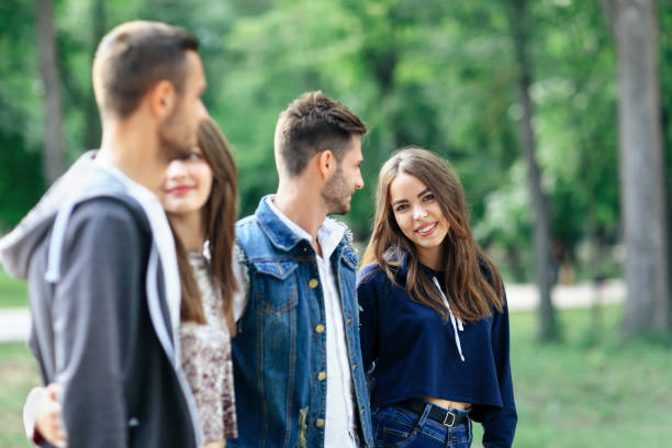 istock Happy young couples spend fun time outdoors. Love and friendship 870833204