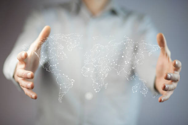 istock businessman touching a world map on the screen 870846852
