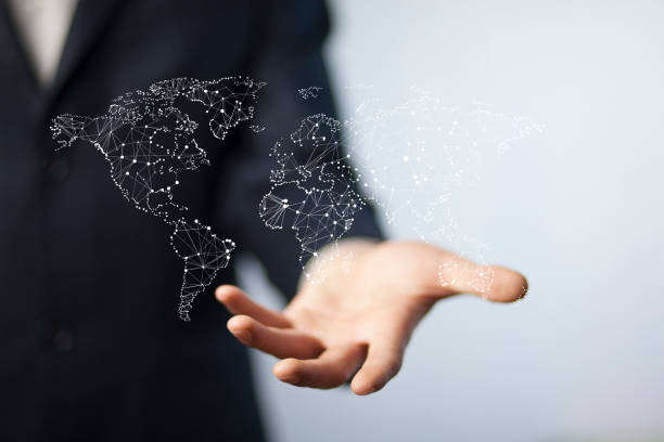 istock businessman touching a world map on the screen 870846874