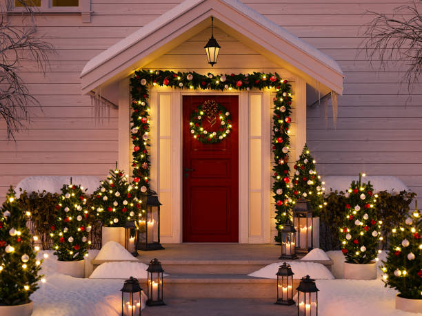 istock christmas decorated porch with little trees and lanterns. 3d rendering 870847384