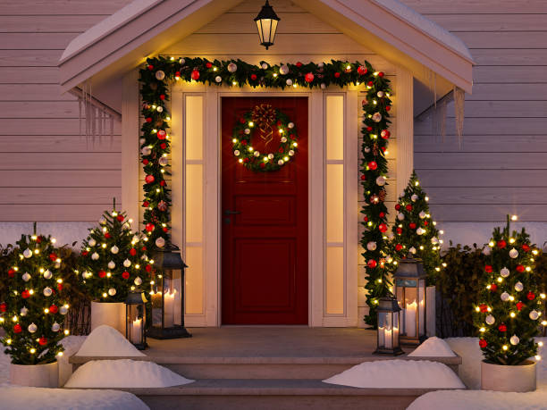 istock christmas decorated porch with little trees and lanterns. 3d rendering 870847420