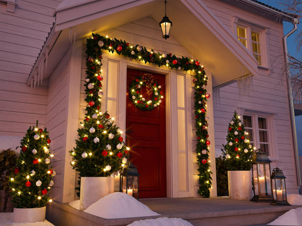 istock christmas decorated porch with little trees and lanterns. 3d rendering 870847450