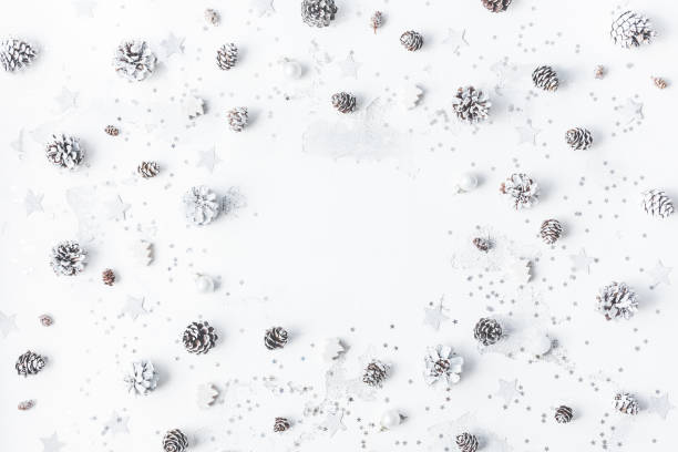 istock Christmas white and silver decorations. Flat lay, top view 870864630