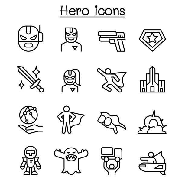 illustrazioni stock, clip art, cartoni animati e icone di tendenza di icona super eroe impostata in stile linea sottile - courage