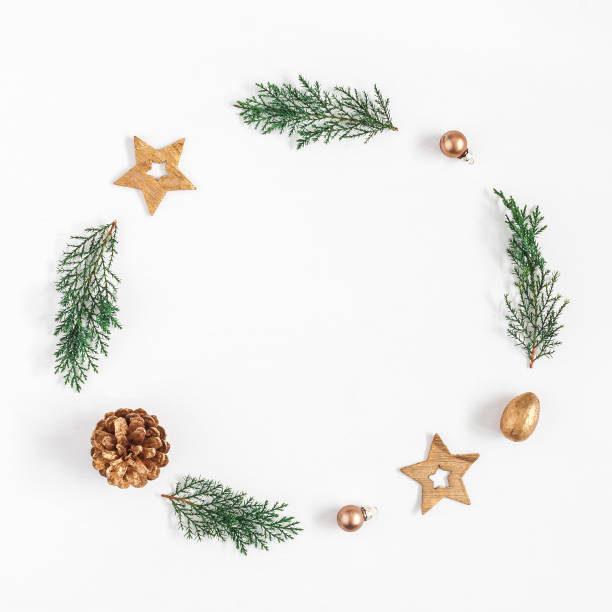 istock Christmas wreath on white background. Flat lay, top view, square 870867898