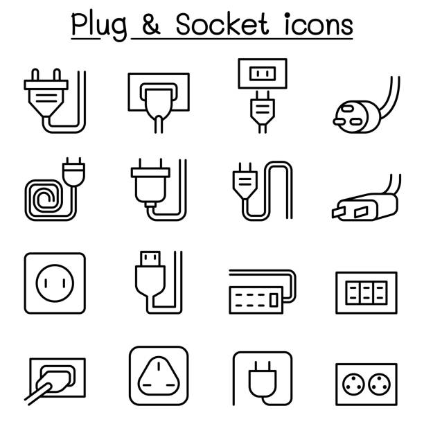 подключите значок socket, установленный в стиле тонкой линии - extension cord stock illustrations