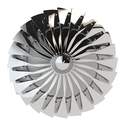Jet engine, turbine blades of airplane, 3drender. Isolated on white