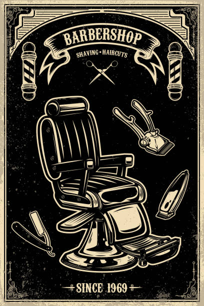 Barber shop poster template. Barber chair and tools on grunge background. Barber shop poster template. Barber chair and tools on grunge background. Design element for emblem, sign, poster, card, banner. Vector illustration gentlemens club stock illustrations