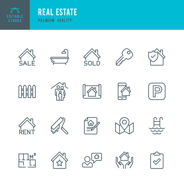 nieruchomości - zestaw ikon wektora cienkiej linii - computer icon symbol icon set real estate stock illustrations