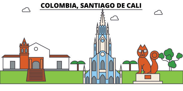 колумбия, сантьяго-де-кали наброски горизонта, колумбийские плоские тонкие иконы линии, достопримечательности, иллюстрации. колумбия, сант - church greeting welcome sign sign stock illustrations
