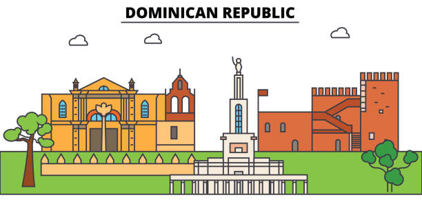 ilustrações de stock, clip art, desenhos animados e ícones de dominican republic outline skyline, dominican flat thin line icons, landmarks, illustrations. dominican republic cityscape, dominican travel city vector banner. urban silhouette - church greeting welcome sign sign