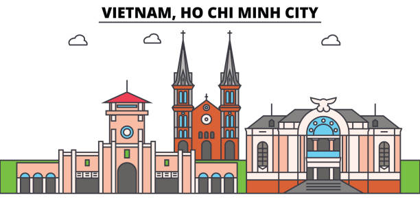 ilustrações de stock, clip art, desenhos animados e ícones de vietnam, ho chi minh city outline skyline, vietnamese flat thin line icons, landmarks, illustrations. vietnam, ho chi minh city cityscape, vietnamese travel city vector banner. urban silhouette - church greeting welcome sign sign