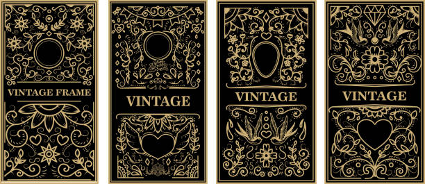 ilustrações de stock, clip art, desenhos animados e ícones de vintage frames in golden style on dark background. vector design element - mirror pattern