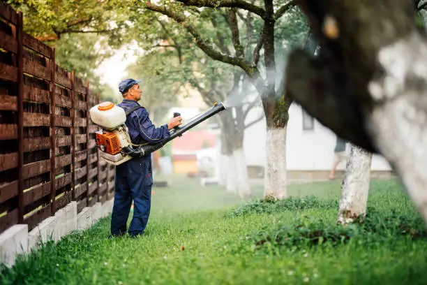 Photo of Farmer worker spraying pesticide treatment on fruit garden