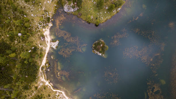 маленький остров в озере крода-да-лаго. кортина д'ампеццо, доломитовые острова, италия - croda rossa стоковые фото и изображения