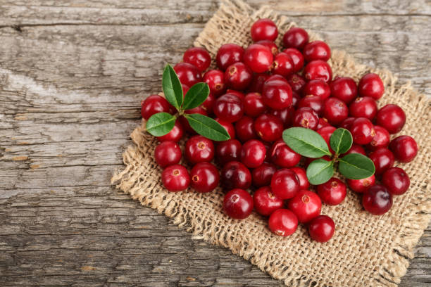 istock Cranberry with leaf on old wooden background 870897598