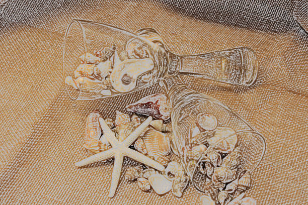 COlored sketch coastal decor burlap base with wine glasses flowing seashells