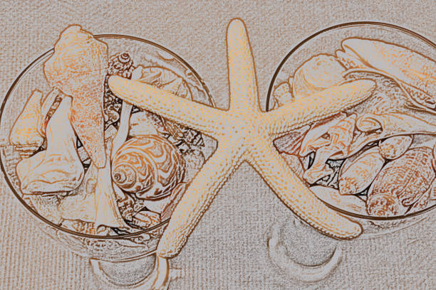 Colored sketch starfish balanced on wine glasses filled with various seashells on burlap beachy decor
