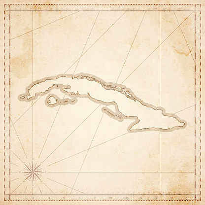 Map of Cuba in vintage style. Beautiful illustration of antique map on an old textured paper of sepia color. Old realistic parchment with a compass rose, lines indicating the different directions (North, South, East, West) and a frame used as scale of measurement. Vector Illustration (EPS10, well layered and grouped). Easy to edit, manipulate, resize or colorize. Please do not hesitate to contact me if you have any questions, or need to customise the illustration. http://www.istockphoto.com/portfolio/bgblue