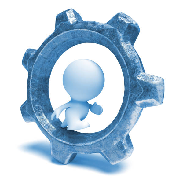 istock 3d human character running in a gear-wheel (blue 3d illustration) 870902498
