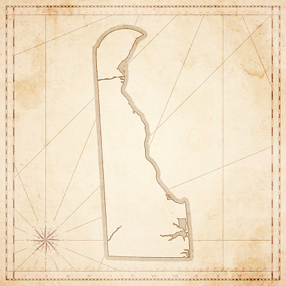 Map of Delaware in vintage style. Beautiful illustration of antique map on an old textured paper of sepia color. Old realistic parchment with a compass rose, lines indicating the different directions (North, South, East, West) and a frame used as scale of measurement. Vector Illustration (EPS10, well layered and grouped). Easy to edit, manipulate, resize or colorize. Please do not hesitate to contact me if you have any questions, or need to customise the illustration. http://www.istockphoto.com/portfolio/bgblue