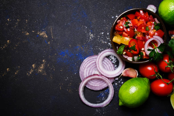 istock Tex-Mex Concept, Salsa Sauce, Tomatoes, Red Onion and Lime 870909964