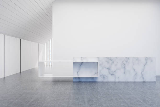 istock White and wooden wall office, marble reception 870918692